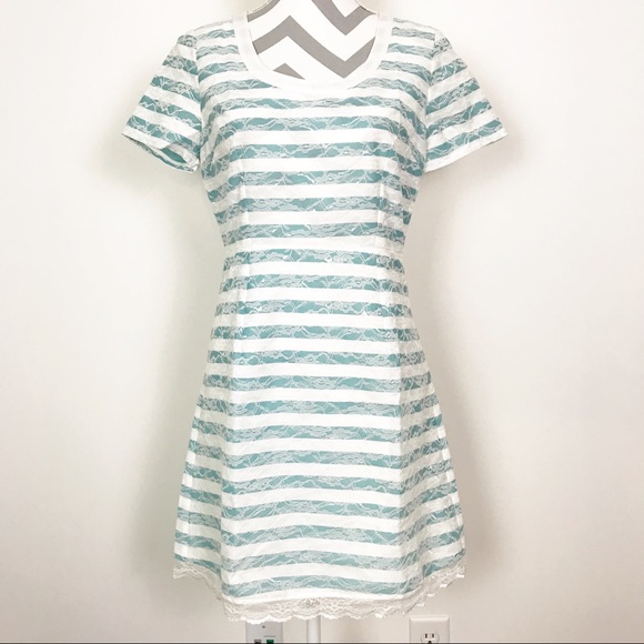 Esley Mint Green White Striped Lace Dress A Line French Buttons Scoop Neck - Picture 2 of 8